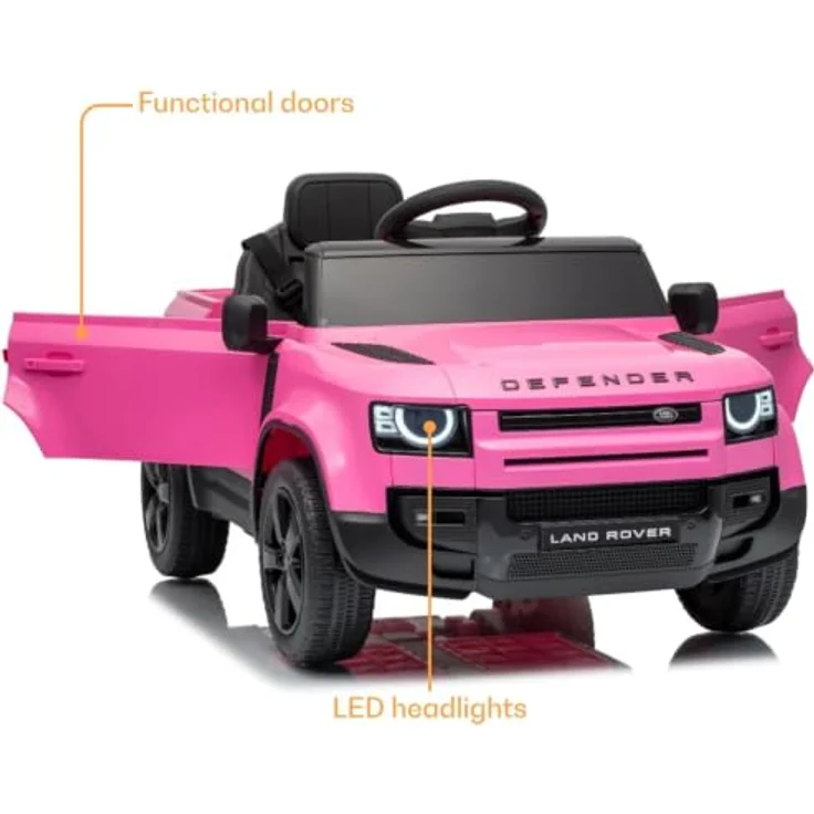 Vrooomy Land Rover Defender 90 Elektro-Kinderfahrzeug 12V, Akku-Kinderauto mit Fernbedienung, EVA-Rädern, 3-Punkt-Gurt, MP3-Player und funktionierenden Türen, Rosa – Bild 2