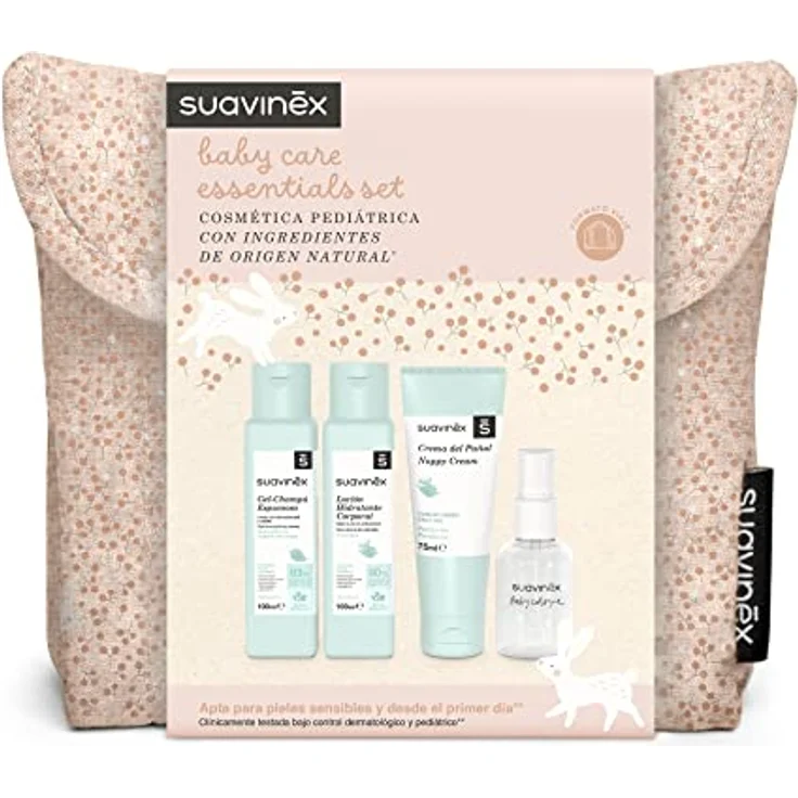 Suavinex Kulturbeutel für Babys, Geschenkset für Neugeborene mit Shampoo 100 ml, Feuchtigkeitslotion 100 ml, Windelcreme 75 ml, Baby Cologne 50 ml, Reiseformat, Koralle – Bild 2