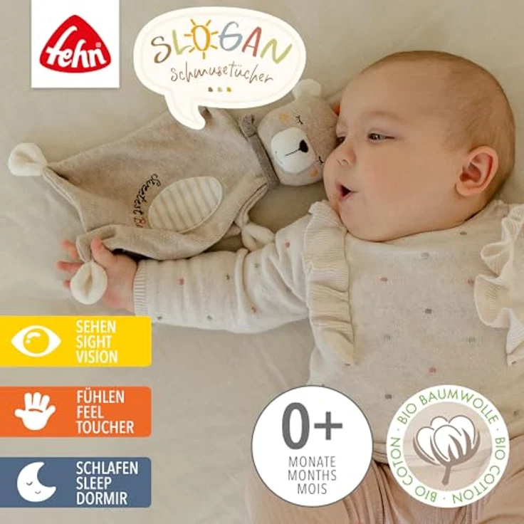Fehn Schmusetuch Teddy Baby – Spielkamerad mit individuell gesticktem Slogan, 2 in 1 Schnuffeltuch, Bio-Baumwolle, ab 0+ Monaten – Bild 2