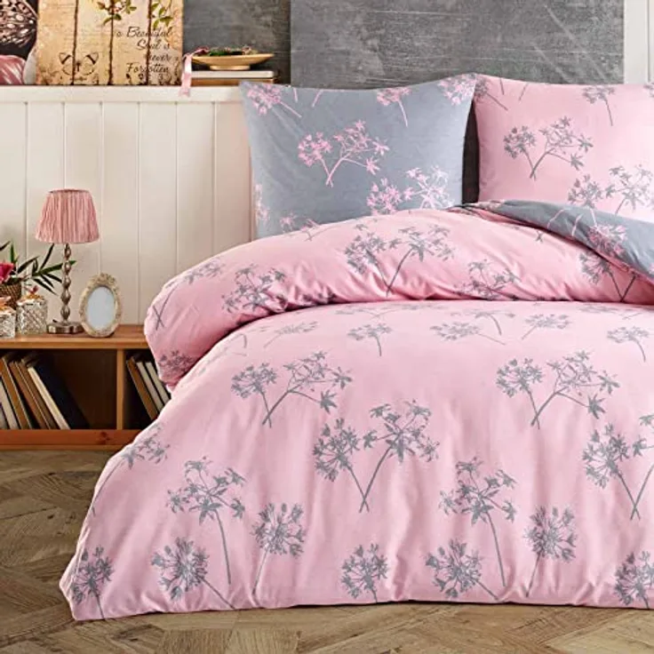 Buymax Bettwäsche 155x220 Baumwolle 2-Teilig Bettgarnitur mit Bettbezug und Kissenbezug 80x80 Renforce Bettwäsche-Set Wendbar Botanisch Blätter Zweige, Rosa Grau