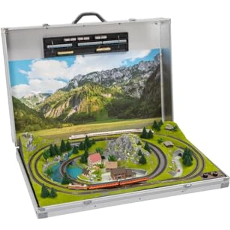 NOCH Fertiggelände „Bozen“, Spur Z Modelleisenbahn im Alu-Koffer, 80 x 55 cm mit zwei Stromkreisen, Laser-Cut Gebäuden und Beleuchtung