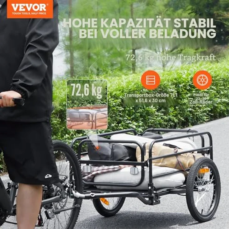 VEVOR Fahrradanhänger CT903L, 72 kg Tragkraft, faltbar, mit Universalkupplung und 40,6 cm Rädern, für 558,8-711,2 mm große Fahrräder – Bild 2