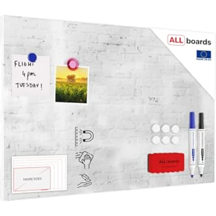 ALLboards MetalBoards Magnettafel WEISSER ZIEGEL, 60x40cm, inklusive 10 farbige Magnete und Markerset, vielseitig montierbar – Bild 1