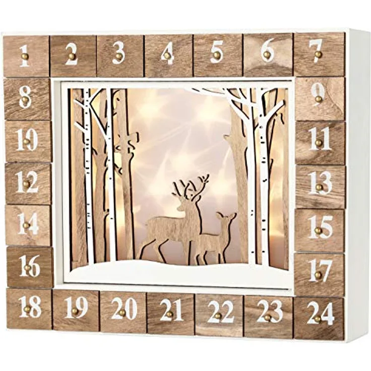 BRUBAKER Adventskalender aus Holz zum Befüllen - Weiße Winterlandschaft mit LED Beleuchtung - Wiederverwendbarer DIY Weihnachtskalender 35.5 x 6 x 27 cm