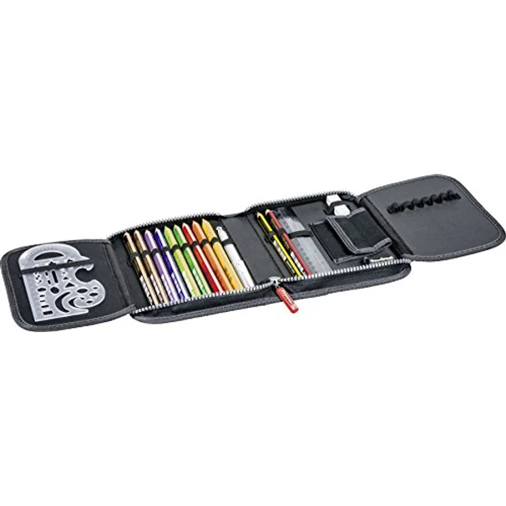 Brunnen 104918690 Schüler-Etui Crinkle (19,5 x 13,5 x 3,5 cm, 2 Klappen, schwarz, befüllt mit 9 dicke Markenbuntstifte, 2 Markenbleistifte, Lineal 16 cm, Metalldoppelspitzer, Radiergummi, Zeichenschablone) – Bild 3