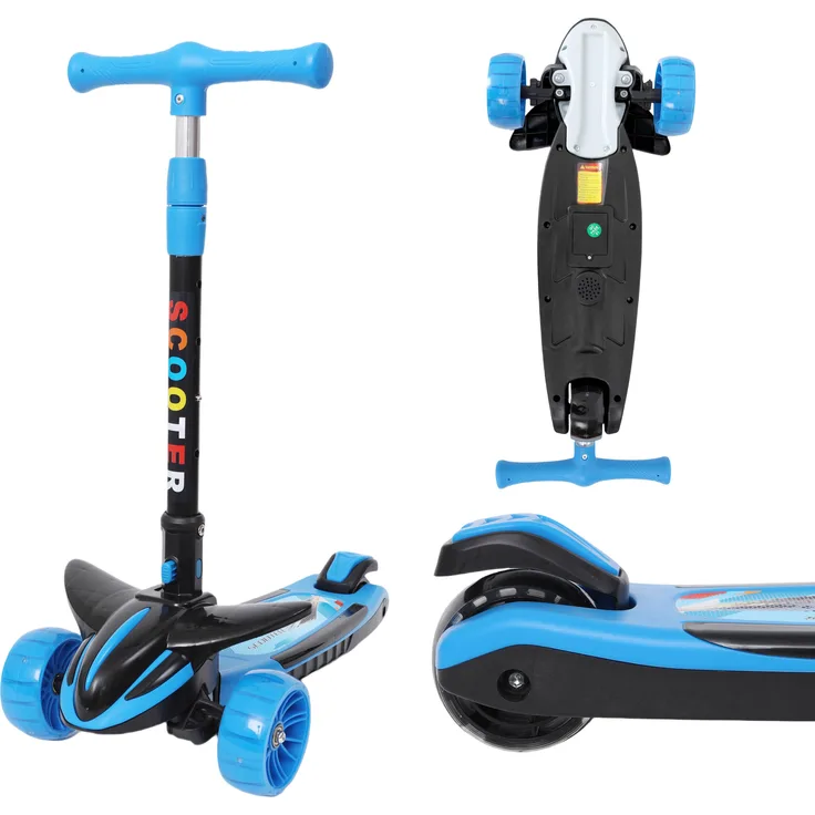 Europebazar Habib Plane Scooter Kinderroller, 3-Rad im Flugzeug-Design mit LED-Lichtern, faltbar, Blau