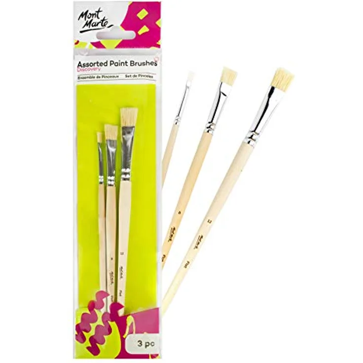 Mont Marte Pinselset Borstenpinsel 4, 8, 12 – 3er Set für Anfänger, ideale Flachpinsel für Ölfarben, Acrylfarben, Gouache