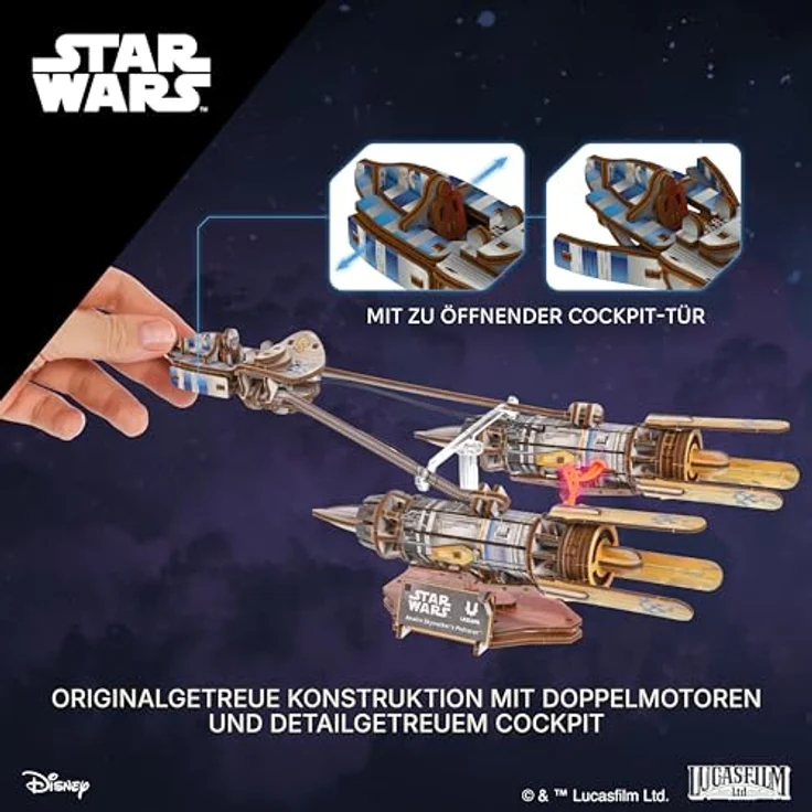 UGEARS Anakin Skywalker's Podracer 3D Puzzle, Holzmodellbau mit LED-Beleuchtung und beweglichem Sockel, für Erwachsene, Star Wars-Design – Bild 5