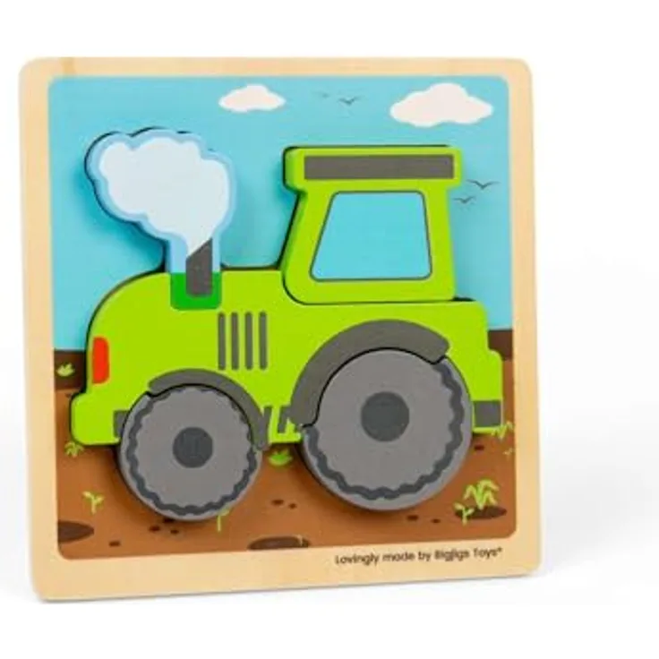Bigjigs - Wooden Puzzle Tractor mit 5 herausnehmbaren Formen, Holz, bunt, geeignet für Kinder ab 12 Monaten