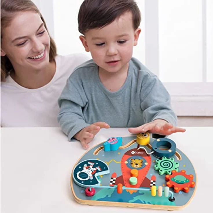 Classic World Wooden Activity Board Rocket, Holzspielzeug mit Maze, Zahnrädern und Perlenspirale, geeignet für Kinder ab 12 Monaten, 29 x 23.5 x 6.4 cm – Bild 5