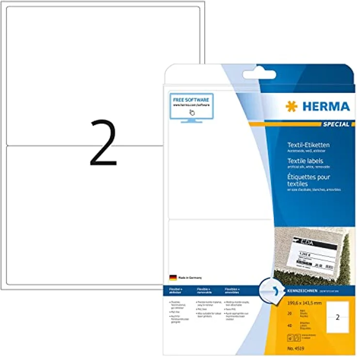 HERMA 4519 Namensetiketten ablösbar, 40 Stück, 199,6 x 143,5 mm, selbstklebend, bedruckbar, weiß – Bild 1