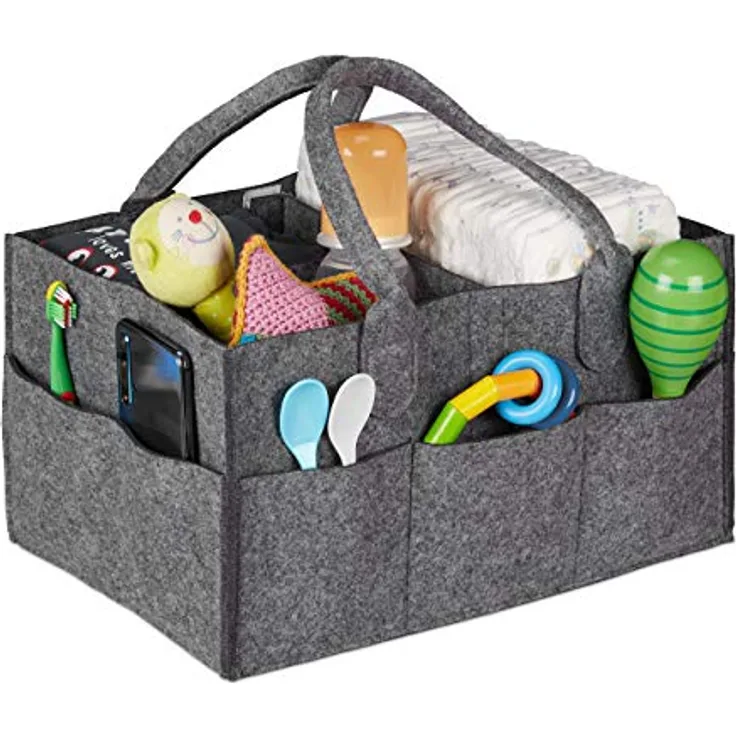relaxdays Wickeltasche Baby Windel Caddy Filz, Dunkelgrau, 11 Fächer, individuell anpassbar, tragbar