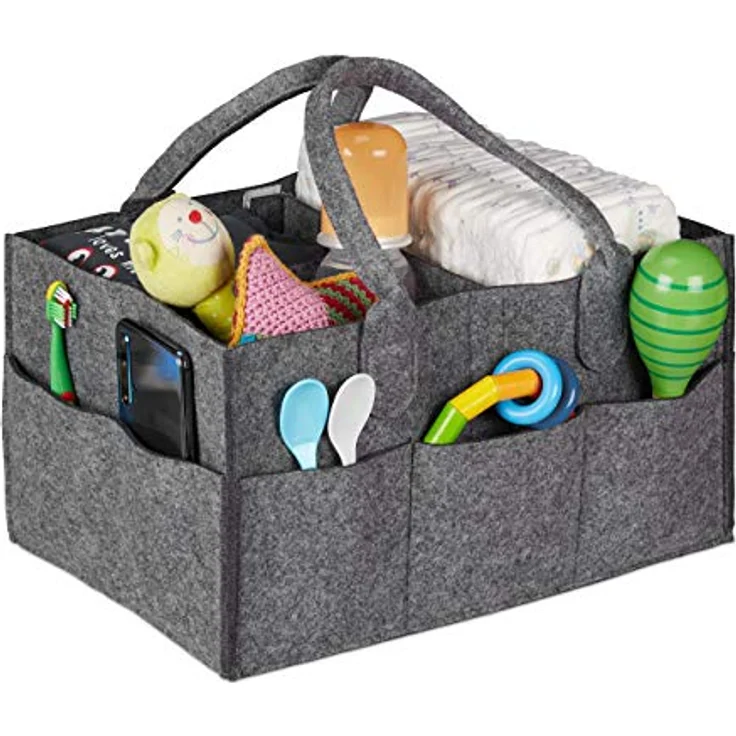 relaxdays Wickeltasche Baby Windel Caddy Filz, Dunkelgrau, 11 Fächer, individuell anpassbar, tragbar – Bild 1