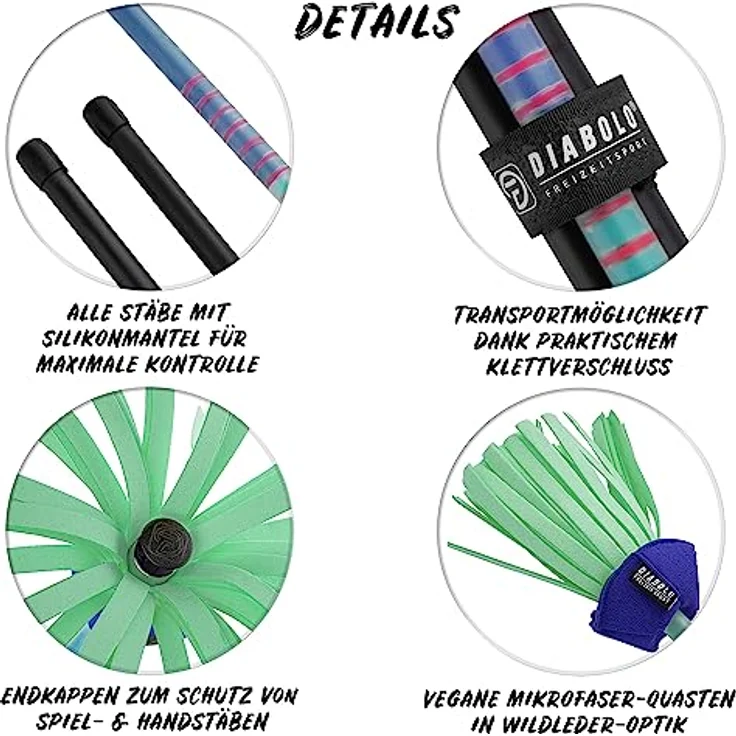 Diabolo Freizeitsport Flowerstick Pro, Profi-Flowerstick aus Fiberglas, blau-türkis, inkl. 2 Handstäben, UV reaktiv, handbemalt, Festival-Hingucker – Bild 4