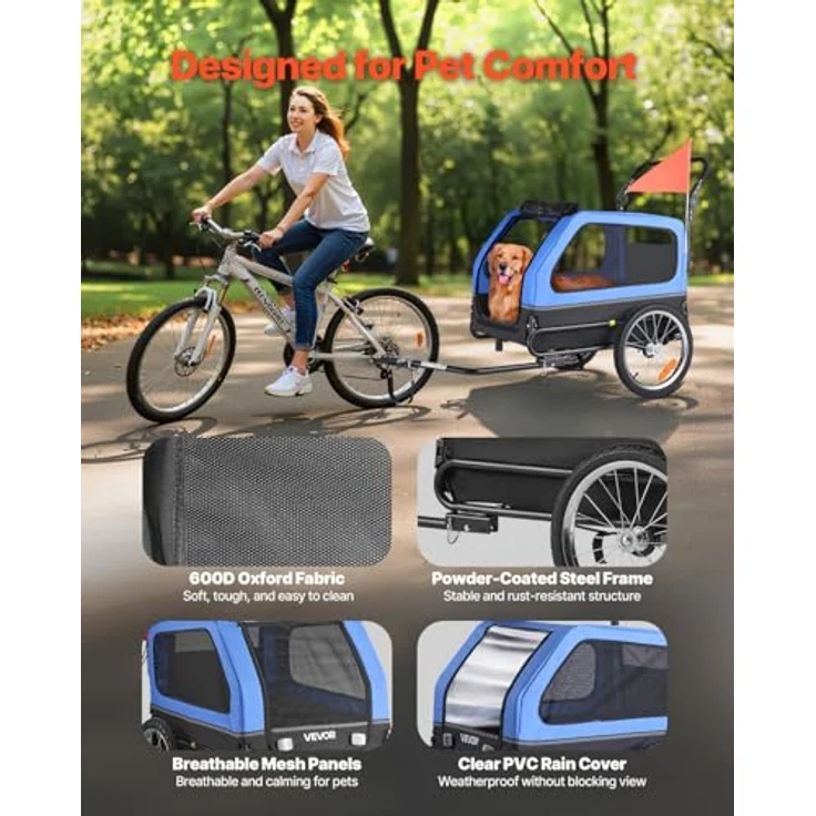 VEVOR Hundeanhänger PTS22-C, 2-in-1 Fahrradanhänger für Hunde bis 40 kg, klappbarer Rahmen, universelle Fahrradkupplung, inkl. Flagge und interner Leine, 1380x755x800 mm – Bild 5