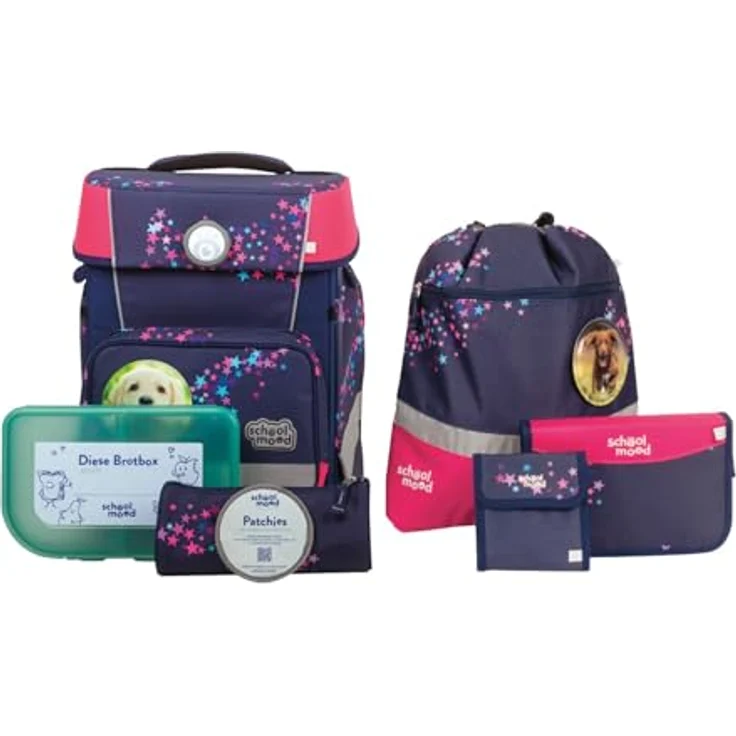 SCHOOL-MOOD Schulranzenset Champion Maxx Leni (Hund) 7-teilig, Grundschule Schulrucksack mit großem Hauptfach und retroreflektierenden Flächen, wasserundurchlässigem Boden und fixierbarem Turnbeutel – Bild 1
