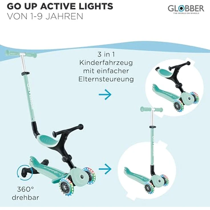 Globber Go-Up Active Lights 360, 3-in-1 Scooter für Kinder, faltbar mit LED-Beleuchtung, höhenverstellbarem Sitz und Lenker, blau – Bild 3