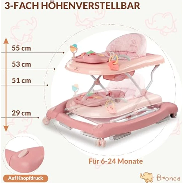 Bronea 5-in-1 Babywalker Gehfrei | Lauflernhilfe mit Schaukelfunktion, Musik & Licht | Höhenverstellbar | Klappbar | Rosa – Bild 3