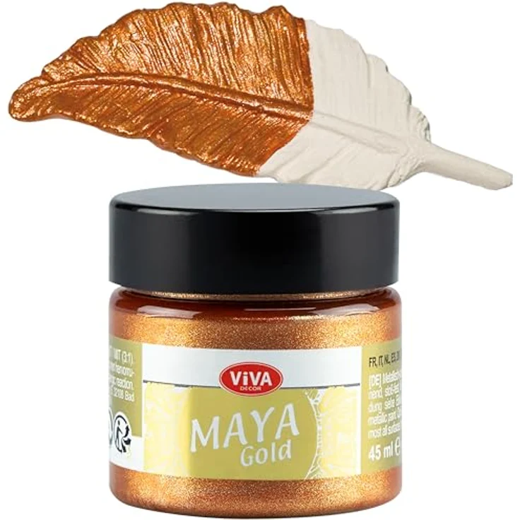 Viva Decor Maya Gold 45ml (Orange Gold), Metallic-Acrylfarbe für Holz, Glas und Porzellan, stoßfest, wischfest und wetterfest – Bild 1
