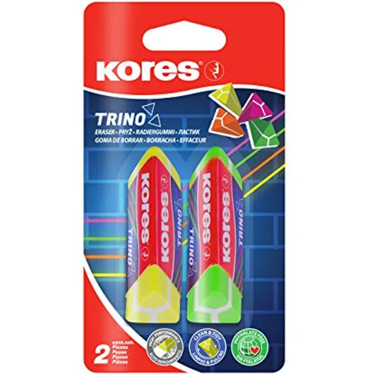 Kores Trino, Farbiger Dreieckiger PVC Radierer, ungiftig und kinderfreundlich, 60 x 20 x 18 mm, 2 Stück Packung – Bild 1
