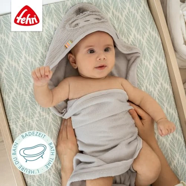 Fehn Kapuzenbadetuch Faultier, Frottee Bade-Poncho mit Kapuze, saugstark & kuschelweich, 80 x 80 cm, für Babys ab 0+ Monaten – Bild 2