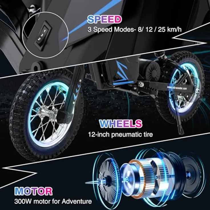 RCB R9X Elektro Motorrad Kinder, 12 Zoll Luftreifen, 300 W Motor, 5,2Ah Akku, 3 Geschwindigkeitsmodi bis 25 km/h, Reichweite 17 km, Moto Crossbike für Kinder – Bild 4