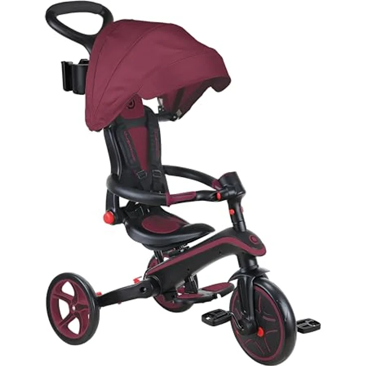 Globber Explorer Trike Foldable 4in1, Dunkelrot – Dreirad, Laufrad und Kinderwagen mit UV-Sonnenschutzdach, höhenverstellbar, TPR-Sitz, 10/8,5 Zoll – Bild 1
