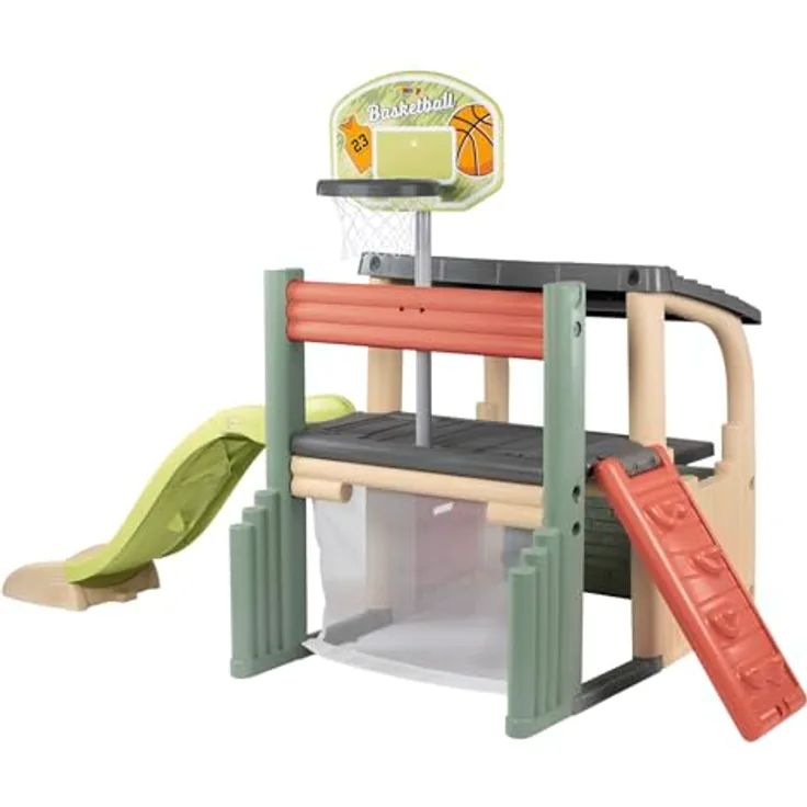 Smoby Fun Center Sport-Spielhaus, XXL Outdoor-Kinderhaus mit Multi-Sportbereich & Rutsche, 62% Recycling-Anteil, 284x203x176 cm, für Kinder ab 2 Jahren