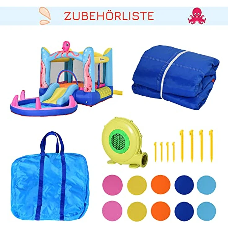 Outsunny Hüpfburg, aufblasbare Spielburg mit Rutsche und Gebläse, Mehrfarbig, 360 x 175 x 180 cm, für Außenbereich, Oktopus-Design, bis zu 3 Kinder, inkl. Zubehör. – Bild 7
