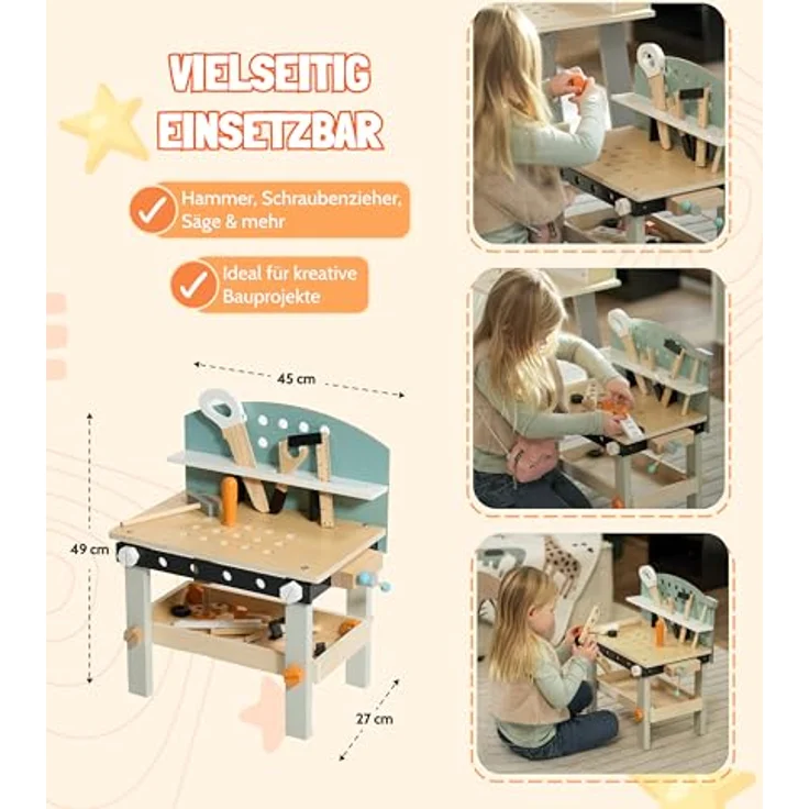 CHIC2000 Spielwerkbank, klein, mint, mit 21-teiligem Zubehör und Stauraum, ideal für kleine Handwerker – Bild 4