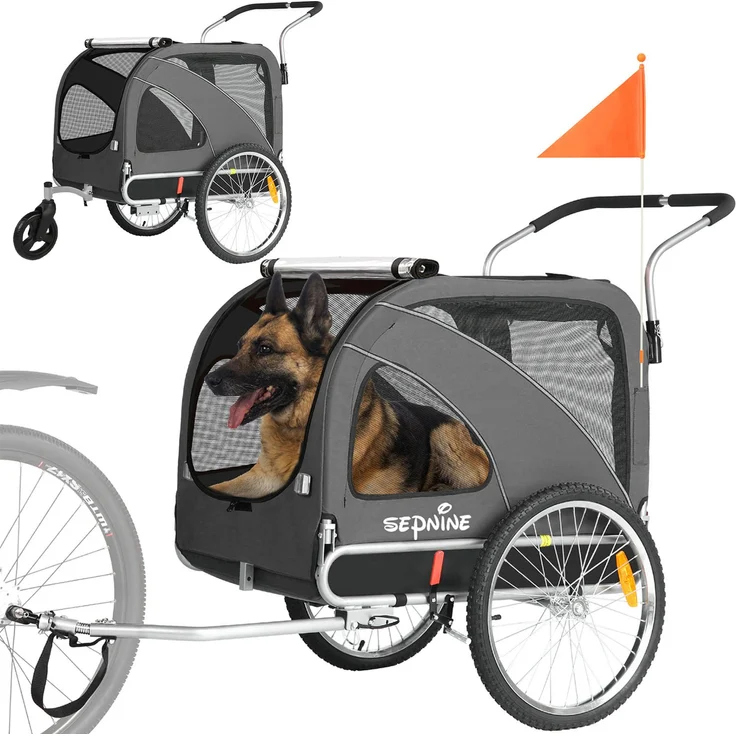 DOTMALL Fahrradhundeanhänger 2 in 1, Faltbarer Anhänger mit Feststellbremse für M/L Hunde bis 40 kg, reflektierende Sicherheitsmarkierungen