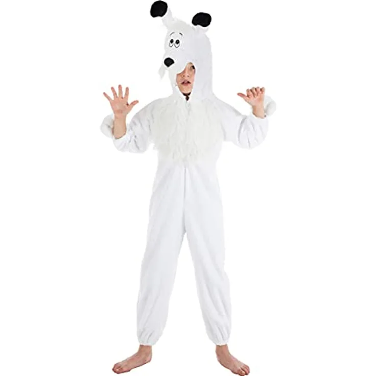 Chaks Idefix-Kinderkostüm Asterix und Obelix weiss-schwarz - Grau, Weiss, Overall mit Kapuze, 100% Polyester, Handwäsche, 128 (7-8 Jahre)