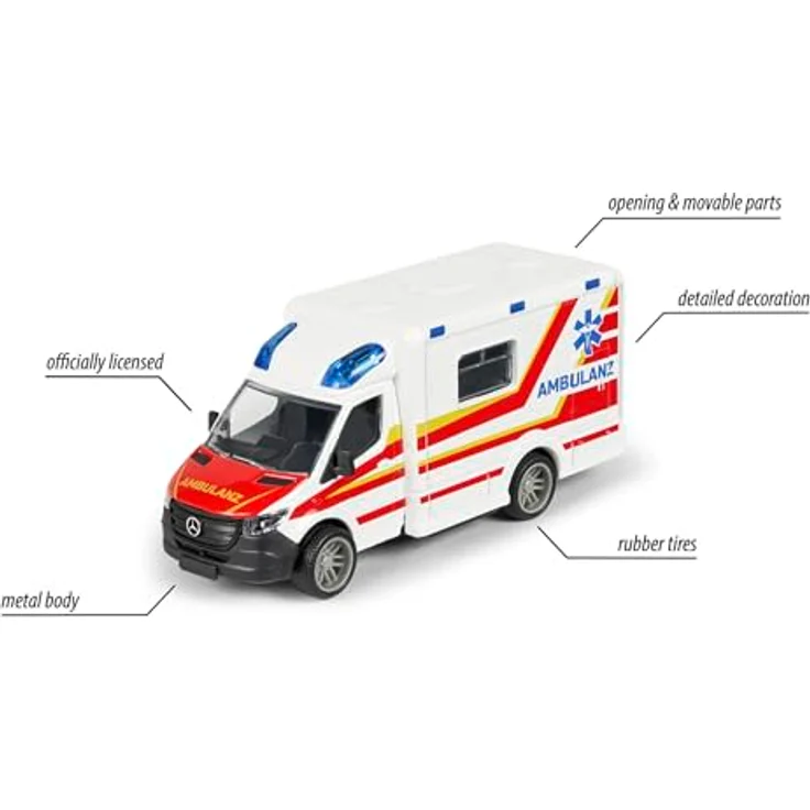majORETTE Mercedes-Benz Sprinter Ambulanz, Spielzeug-Krankenwagen mit Gummireifen, metallene Karosserie, für Kinder ab 3 Jahren, 15 cm – Bild 4