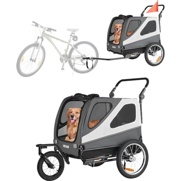 VEVOR Hundeanhänger, 2-in-1 Fahrradanhänger bis 45 kg für kleine & große Hunde, klappbarer Stahlrahmen, universelle Kupplung, inkl. Flagge & interne Leine, 1390x770x845 mm – Bild 1