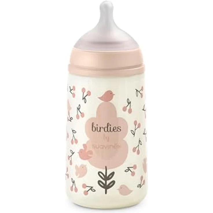 Suavinex Babyflasche 270 ml mit SX Pro Silikon-Sauger, Antikolik, mittlerer Fluss (M), Design Birdies Rosa, für Milch und Säfte, ab 3 Monaten – Bild 1