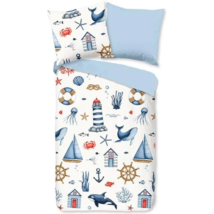 Good Morning Kinder Bettwäsche 135x200 Ahoy Maritim Leuchtturm hellblau 33087 - 2-teilig, 100% Baumwolle, Öko-Tex Standard 100, BCI
