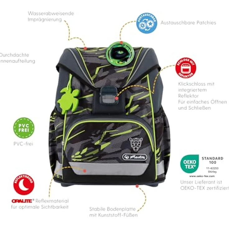 Herlitz Schulranzen Set 6-teilig Wild Panther, ergonomische ultraleichte Schultasche für 1. Klasse, 16 L, wasserabweisend, mit Sicherheitsreflektoren – Bild 4