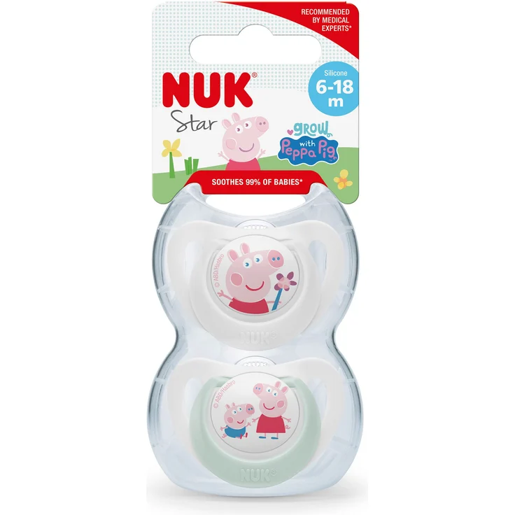 NUK Schnuller STAR Peppa Wutz, Lutschteil Kieferform Silikon mit Wiederverwendbarer Schnullerbox, 2er Pack – Bild 1