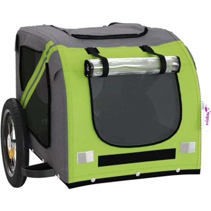 vidaXL Fahrradanhänger für Hunde, Grün und Grau, Oxford-Gewebe und Eisen, max. Belastbarkeit 30 kg, komfortable Ausstattung mit Reißverschlusstüren und Netzfenstern – Bild 4