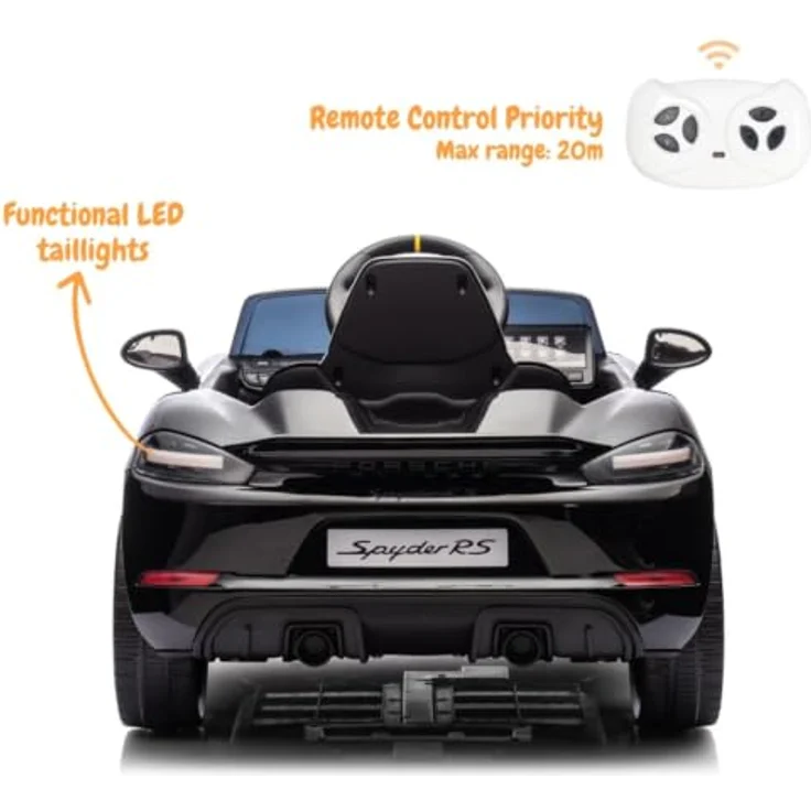 Vrooomy Porsche 718 Spyder RS, Kinder Elektroauto 12V mit Fernbedienung, schwarz, für 1 bis 5 Jahre, MP3-Player, LED-Beleuchtung, Sicherheitsgurt, offizielle PORSCHE-Lizenz – Bild 4