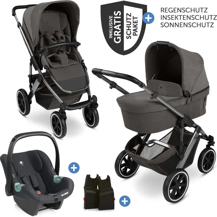 ABC Design Salsa 5 Air, 3in1 Kinderwagen-Set mit Babywanne, Sportsitz, UPF 50+ Verdeck, inkl. Tulip Babyschale und XXL Zubehörset, grau