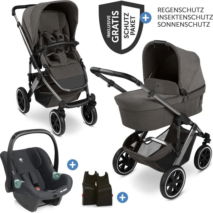 ABC Design Salsa 5 Air, 3in1 Kinderwagen-Set mit Babywanne, Sportsitz, UPF 50+ Verdeck, inkl. Tulip Babyschale und XXL Zubehörset, grau