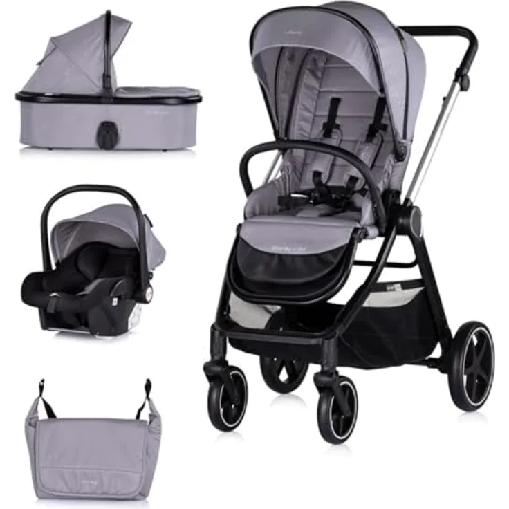 Chipolino Kombikinderwagen 3 in 1 Marbella grau, Fußabdeckung Einlage i-Size Babyschale