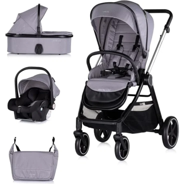 Chipolino Kombikinderwagen 3 in 1 Marbella grau, Fußabdeckung Einlage i-Size Babyschale – Bild 1