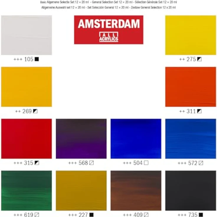 Amsterdam Standard Series Acrylfarben Set für Einsteiger, 12 x 20 ml Tuben in Basistönen, seidenmatte Deckkraft – Bild 4