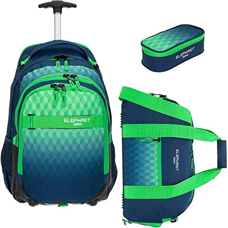Elephant 3 Teile Set Trolley Hero Signature Schulranzen, 35 Liter, Alu Ausziehgriff, Inliner Räder, Cube Green (Grün) – Bild 1