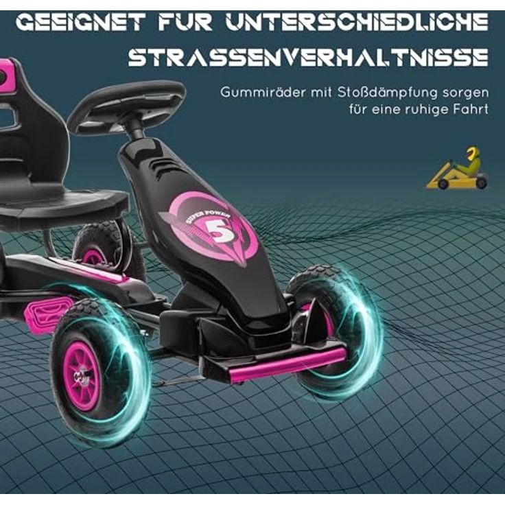 HOMCOM Go-Kart Kinderfahrzeug mit verstellbarem Sitz, Tretfahrzeug, Handbremse, für 5-12 Jahre Kinder, Rosa, Schwarz – Bild 6
