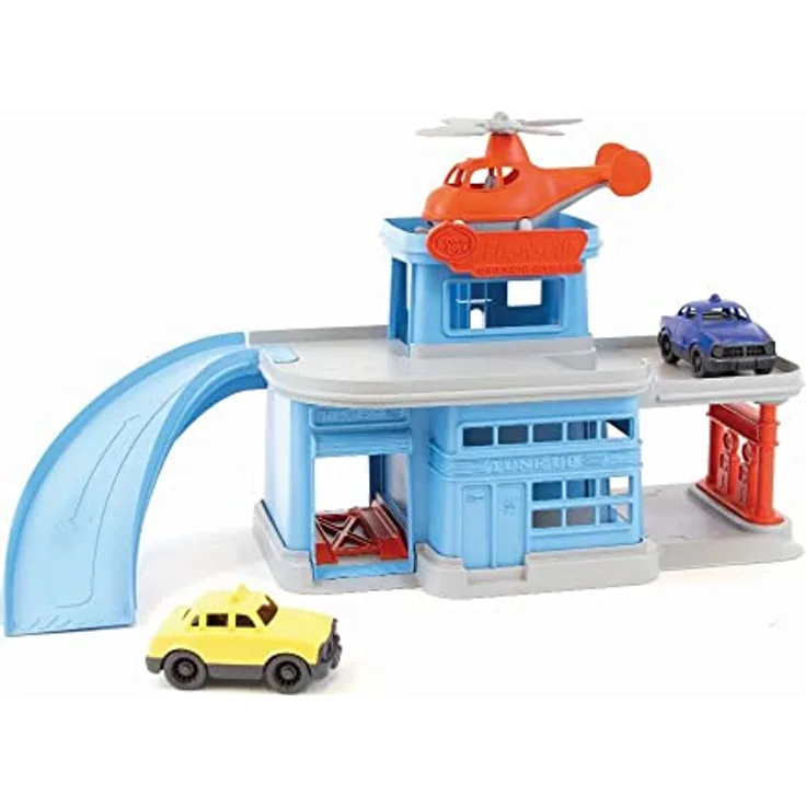 Green Toys 8601312 Parkgarage mit Hubschrauber und 2 Autos, Spielset aus 100% recyceltem Kunststoff, für Kinder ab 3 Jahren