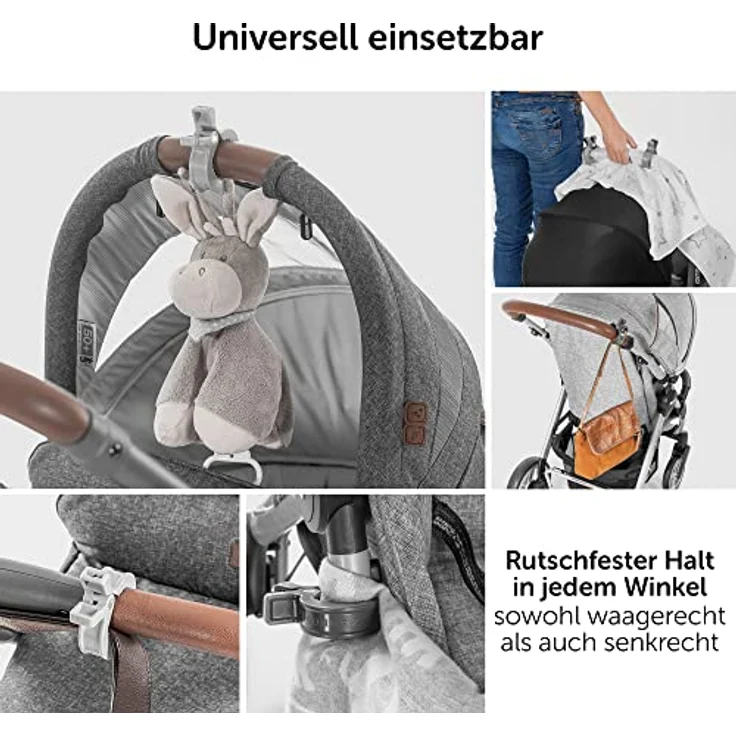 Zamboo Universal Kinderwagen Klammern 6 Stück - Haken/Clips zur Befestigung von Spielzeug, Spucktüchern und Kleidung an Buggy, Kinderwagen oder Babyschale - Grau Weiß – Bild 3
