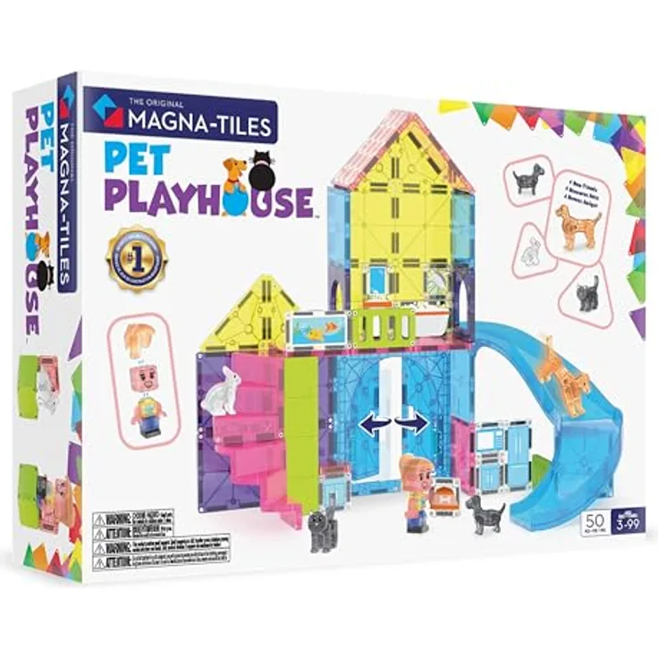 MAGNA-TILES Pet Playhouse 50-teiliges Magnetbauset mit beliebten Haustierfiguren und Rutschenstück, ideal für kinderfreundliches Spielen